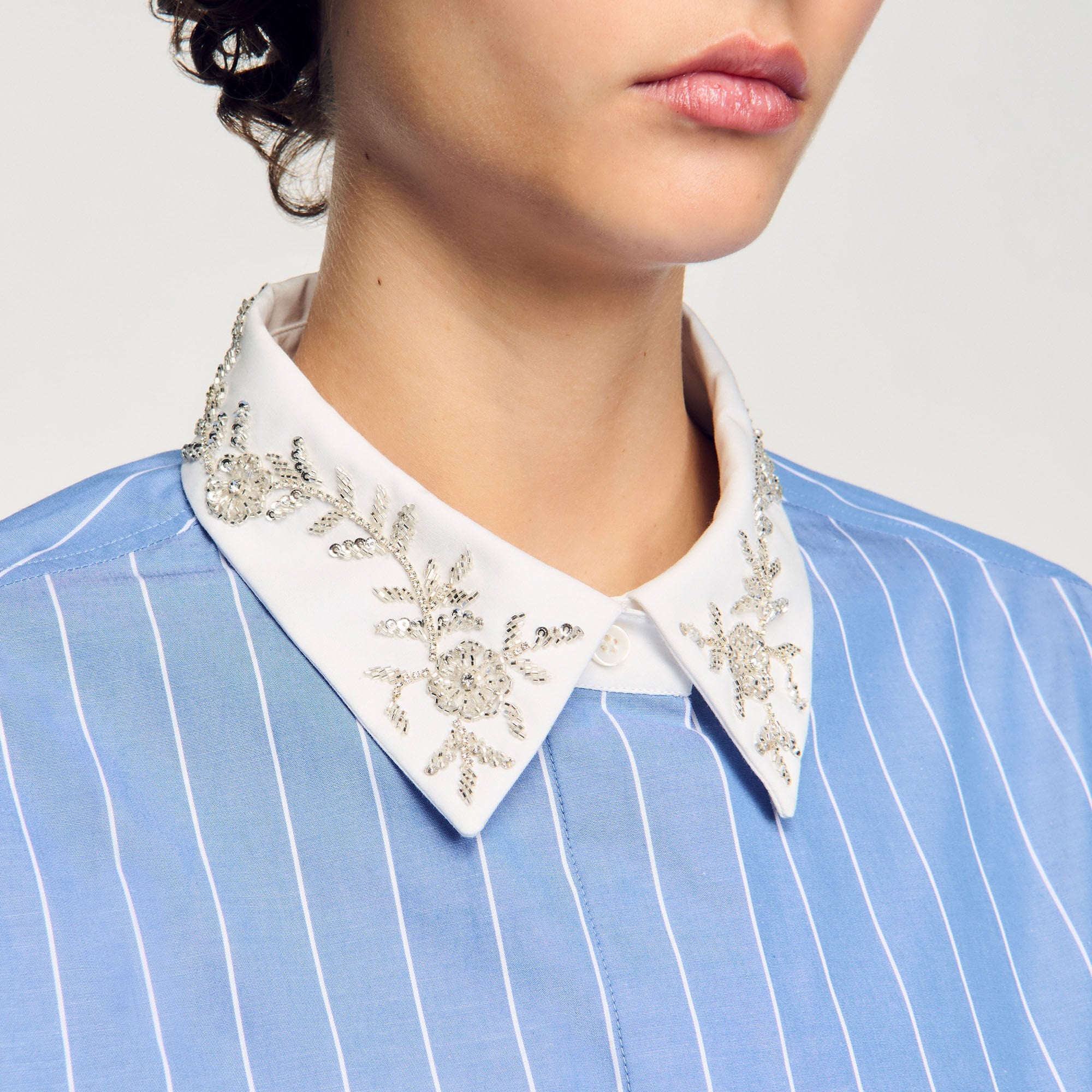 Striped cropped shirt with rhinestone Sky Blue Sandro Women