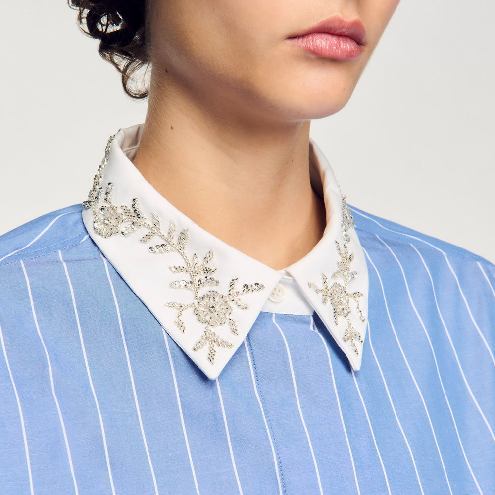 Striped cropped shirt with rhinestone Sky Blue Sandro Women
