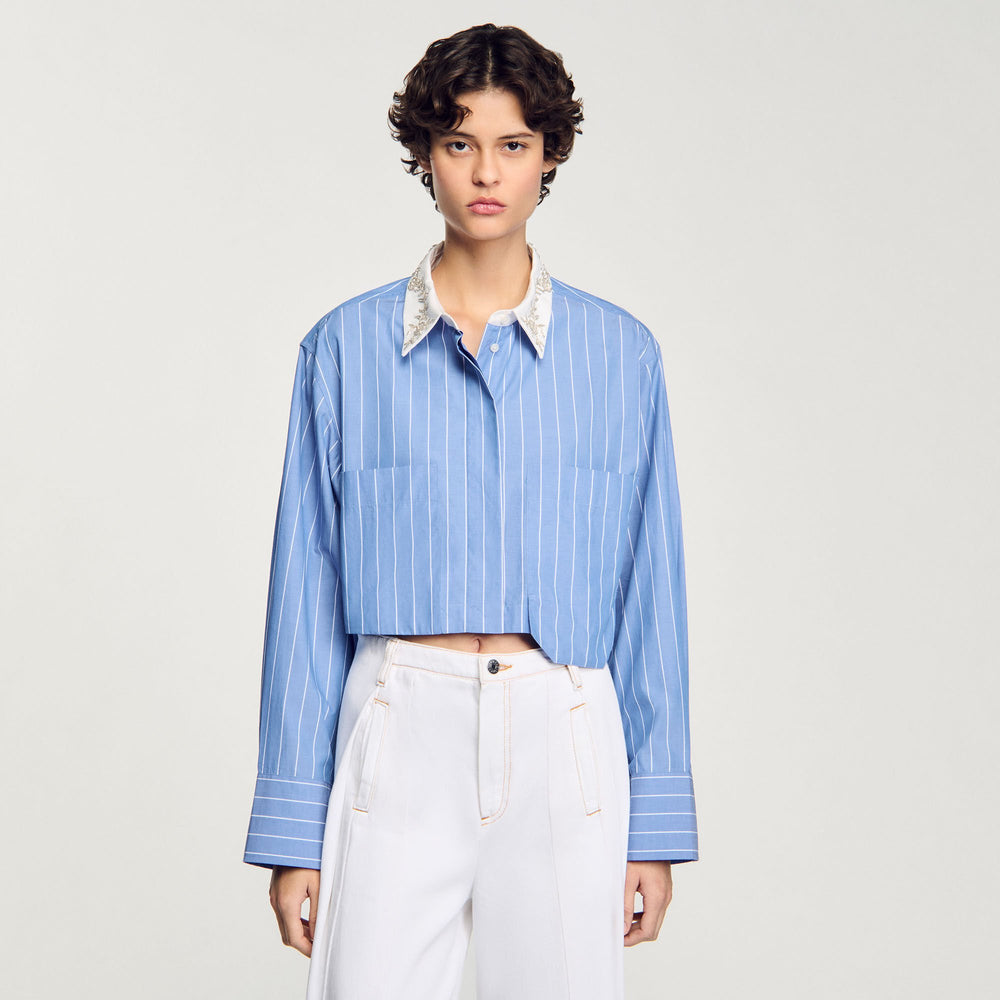 Striped cropped shirt with rhinestone Sky Blue Sandro Women