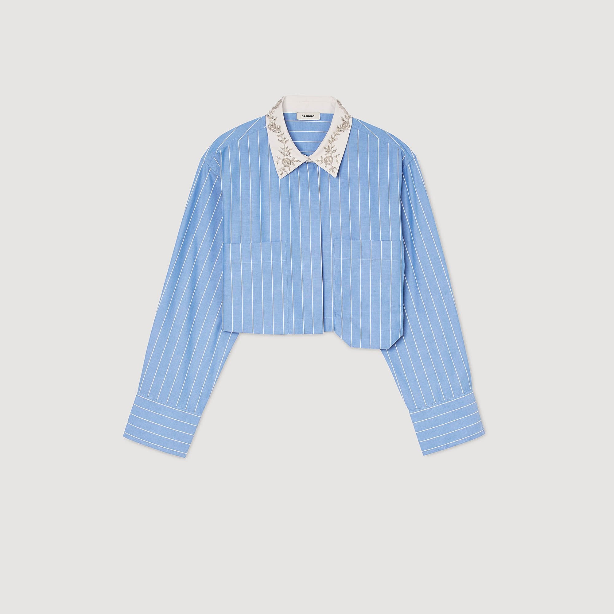 Striped cropped shirt with rhinestone Sky Blue Sandro Women