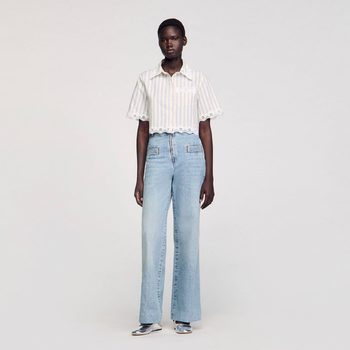Striped cropped shirt with lace trim Ecru / Jean Sandro Women