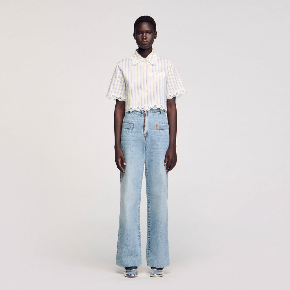 Striped cropped shirt with lace trim Ecru / Jean Sandro Women