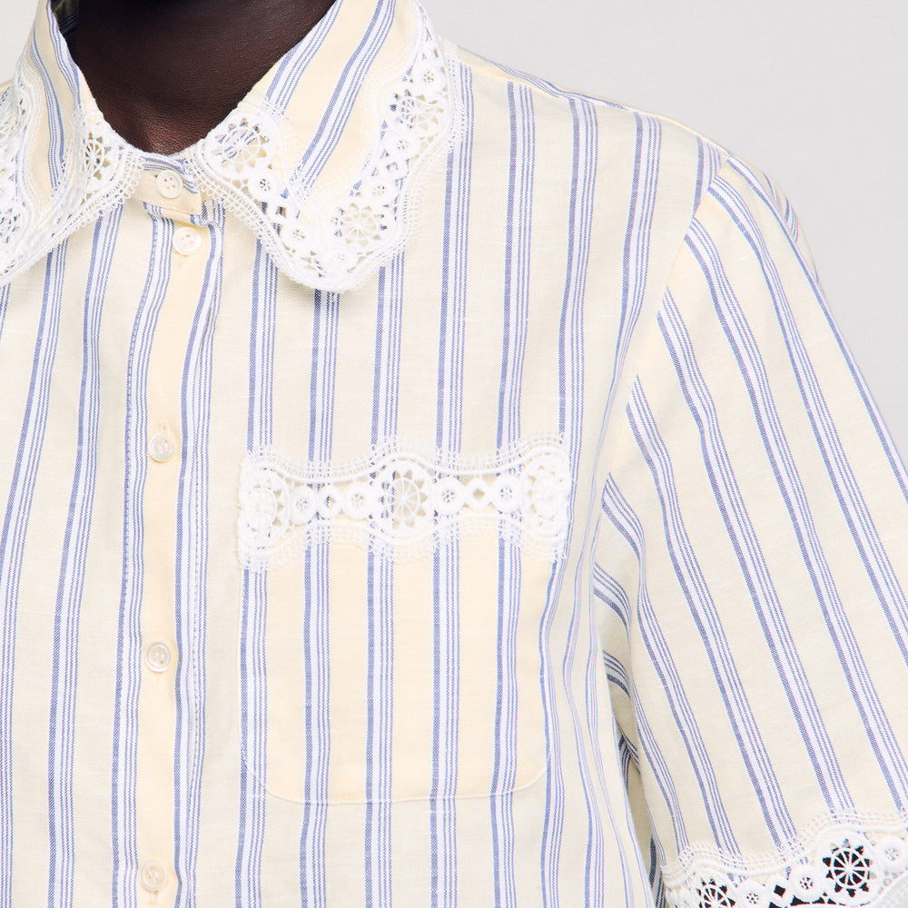Striped cropped shirt with lace trim Ecru / Jean Sandro Women