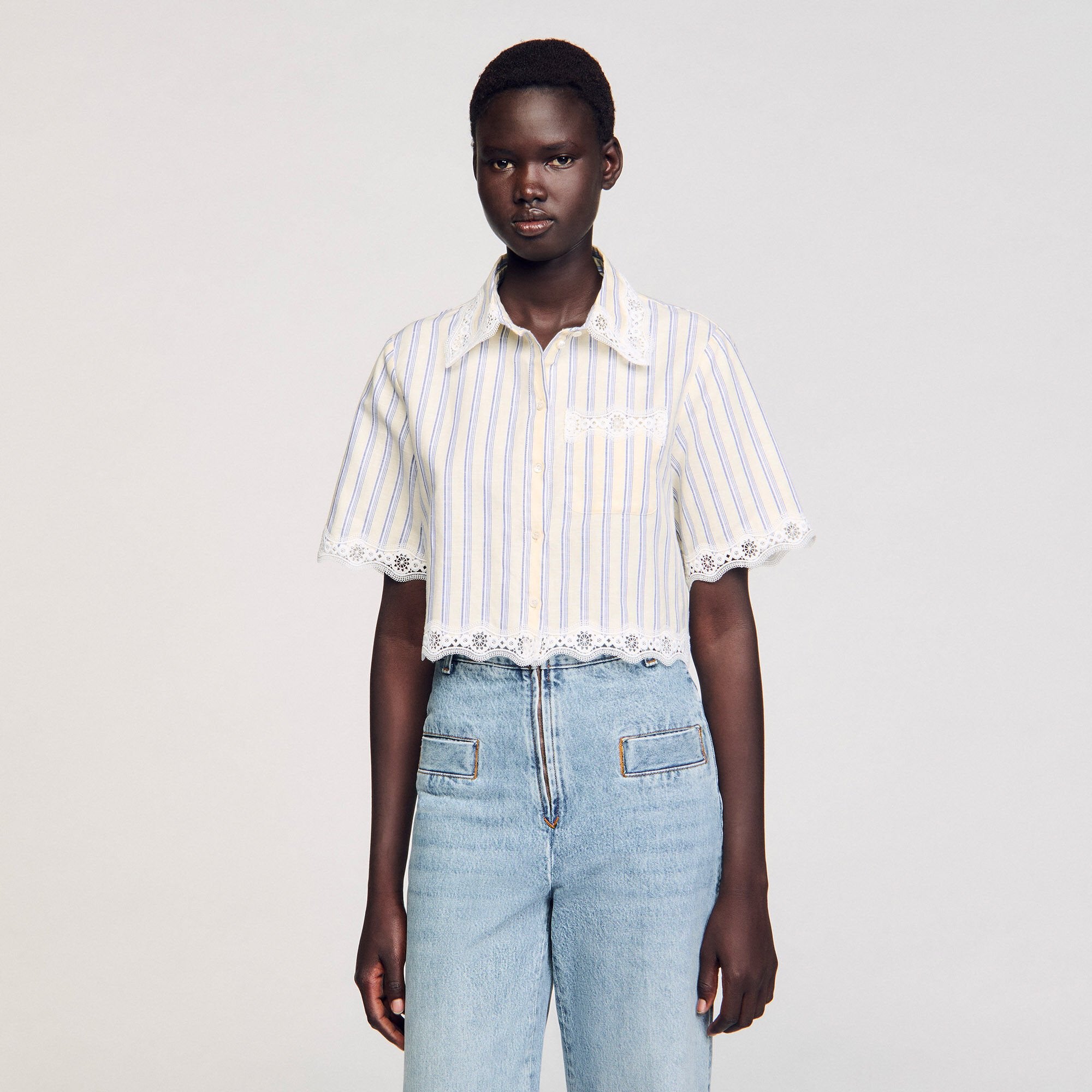 Striped cropped shirt with lace trim Ecru / Jean Sandro Women