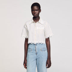 Striped cropped shirt with lace trim Ecru / Jean Sandro Women