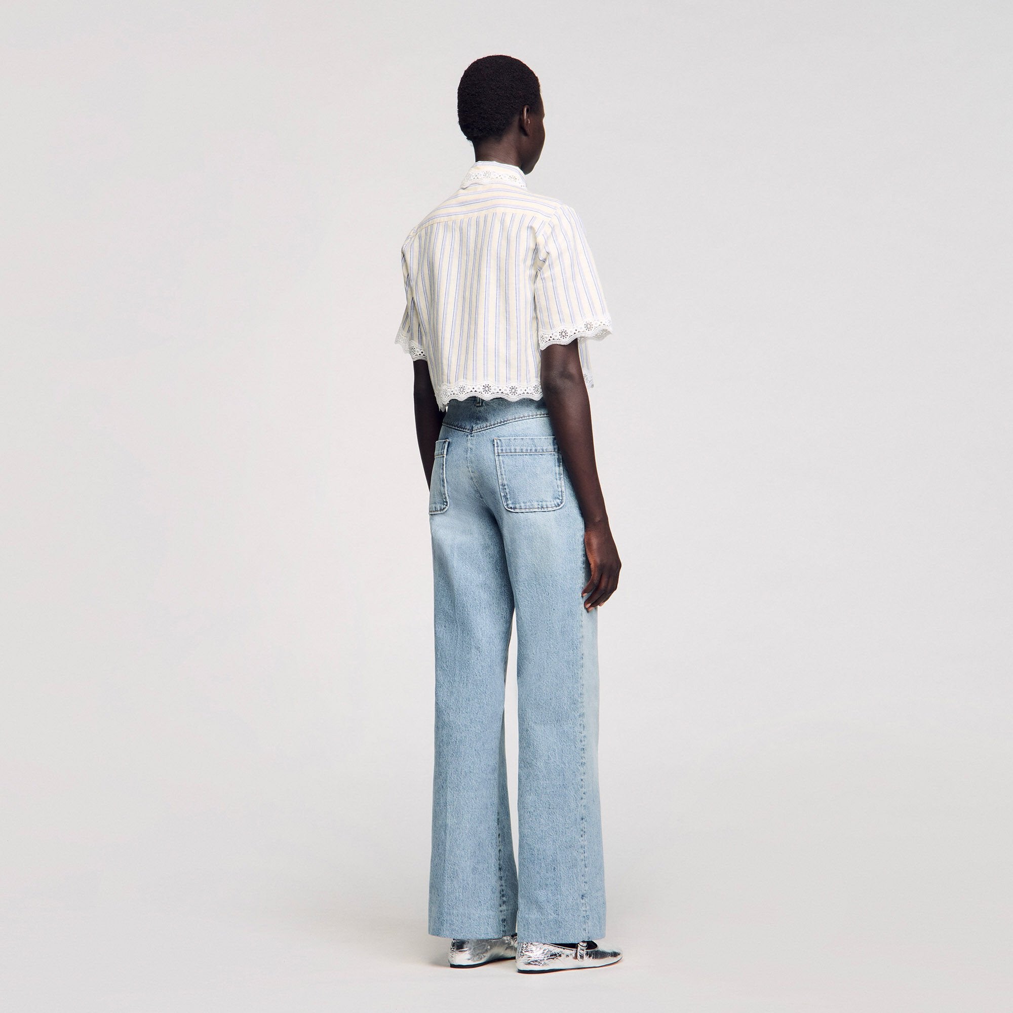 Striped cropped shirt with lace trim Ecru / Jean Sandro Women