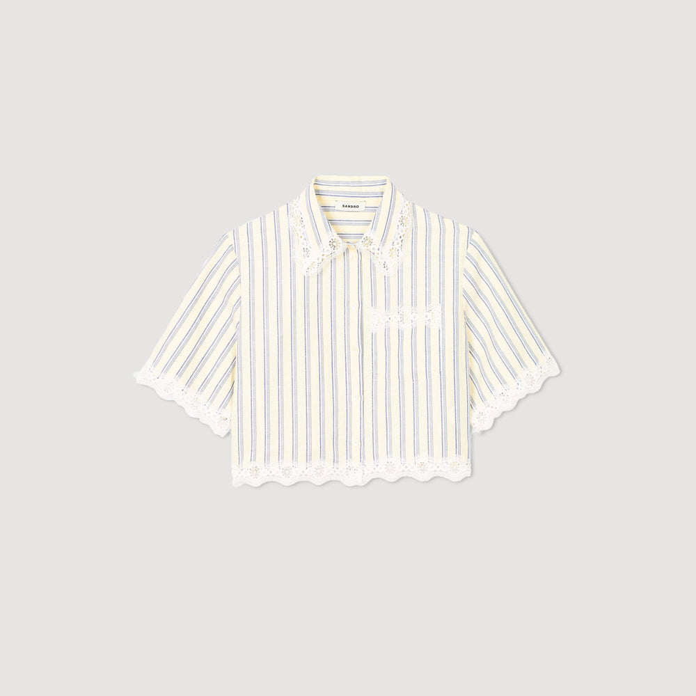 Striped cropped shirt with lace trim Ecru / Jean Sandro Women