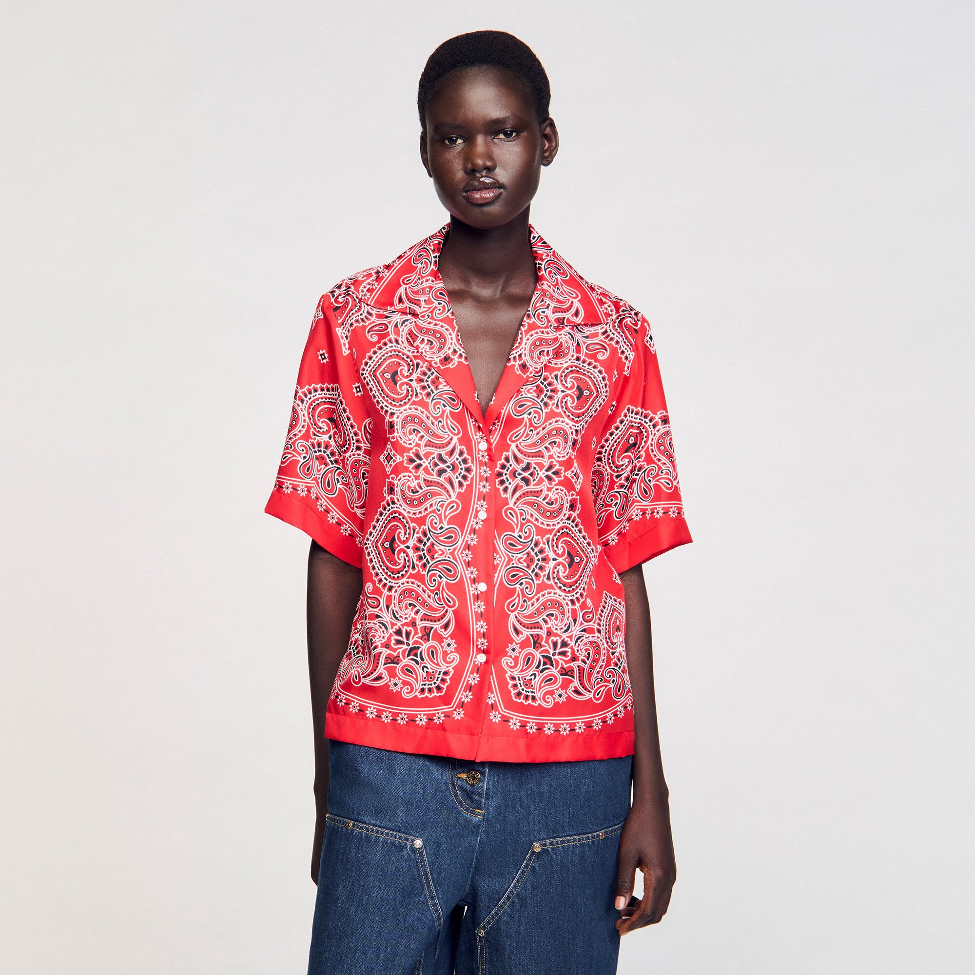 Bandana print silk shirt Red / White Sandro Women