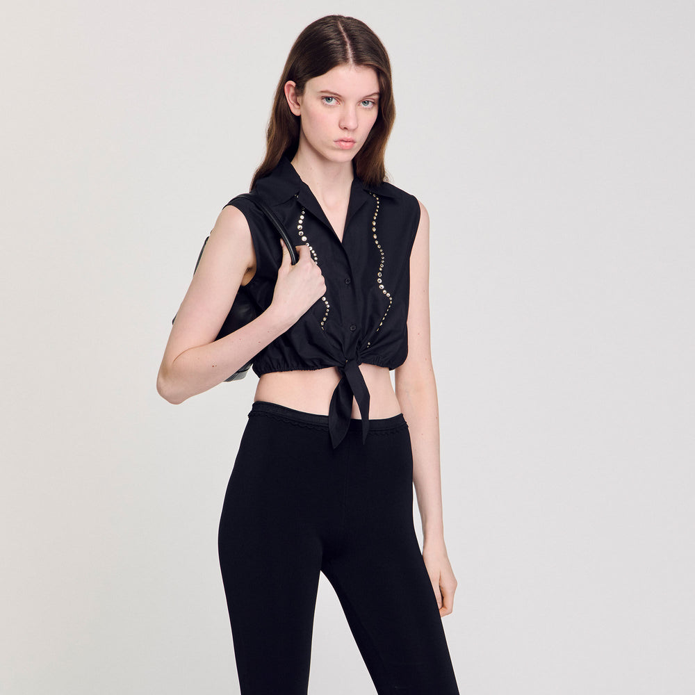 Rhinestone cropped shirt Black Sandro Women