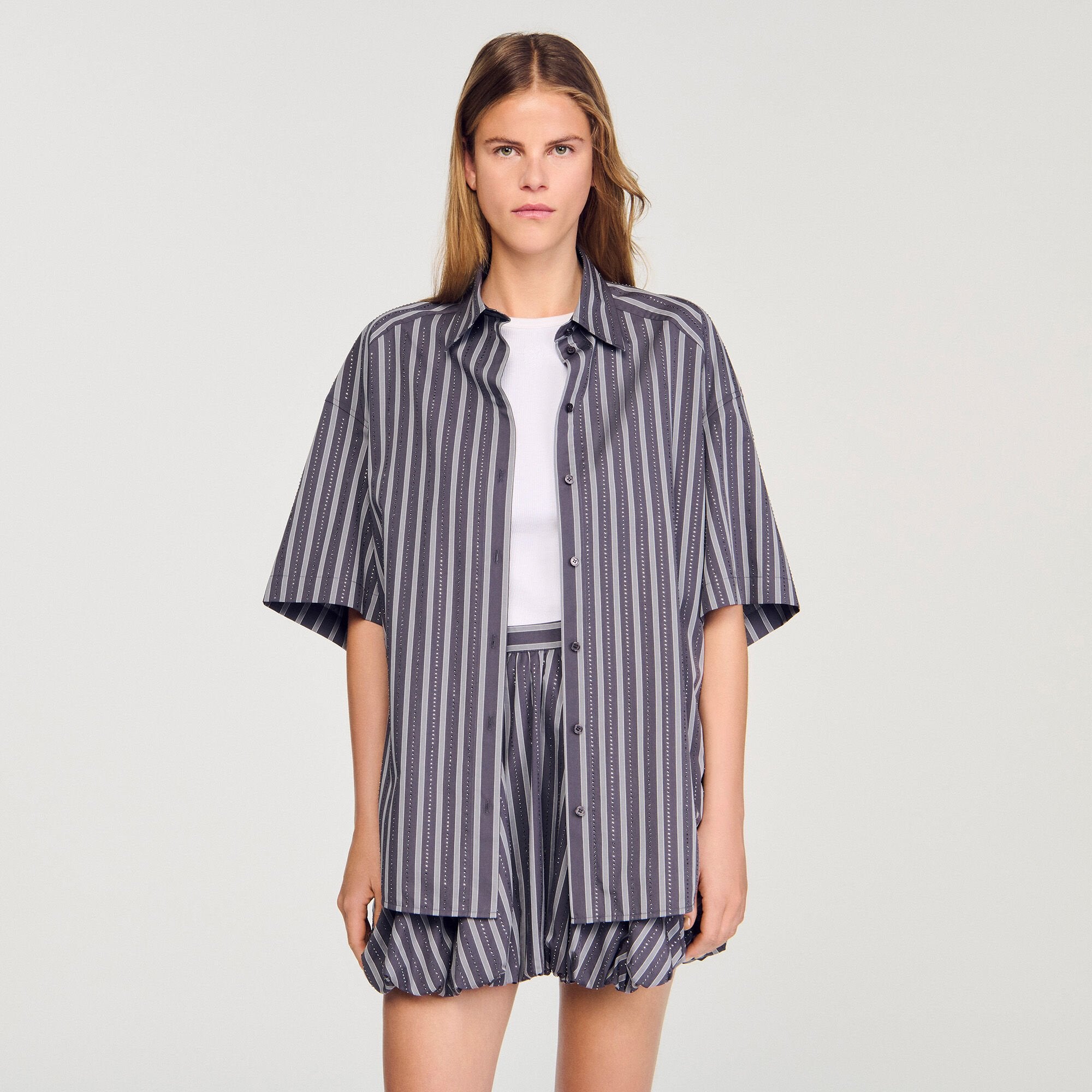 Oversized striped rhinestone shirt Grey Sandro Women
