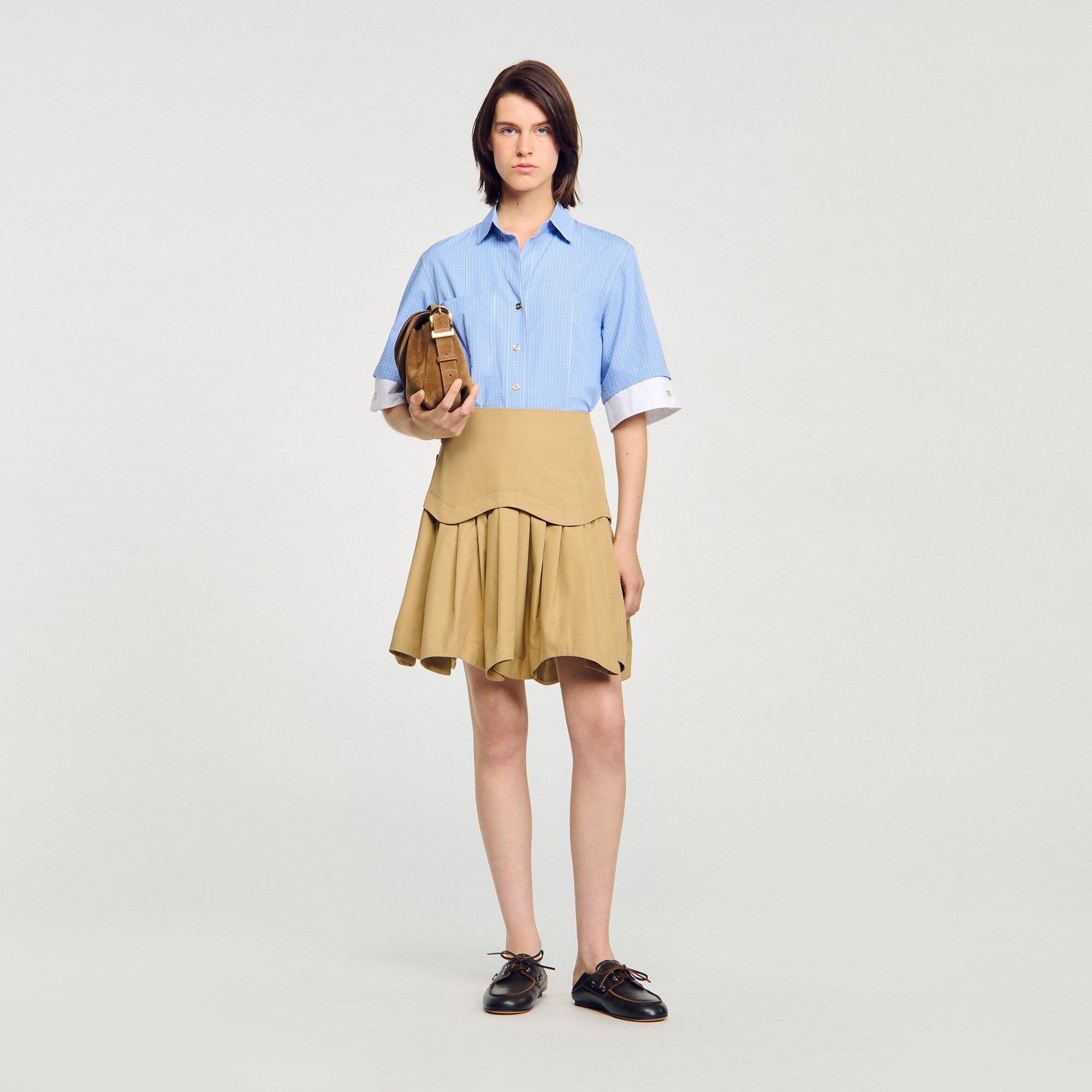 Cropped small-check shirt Ciel / Blanc Sandro Women