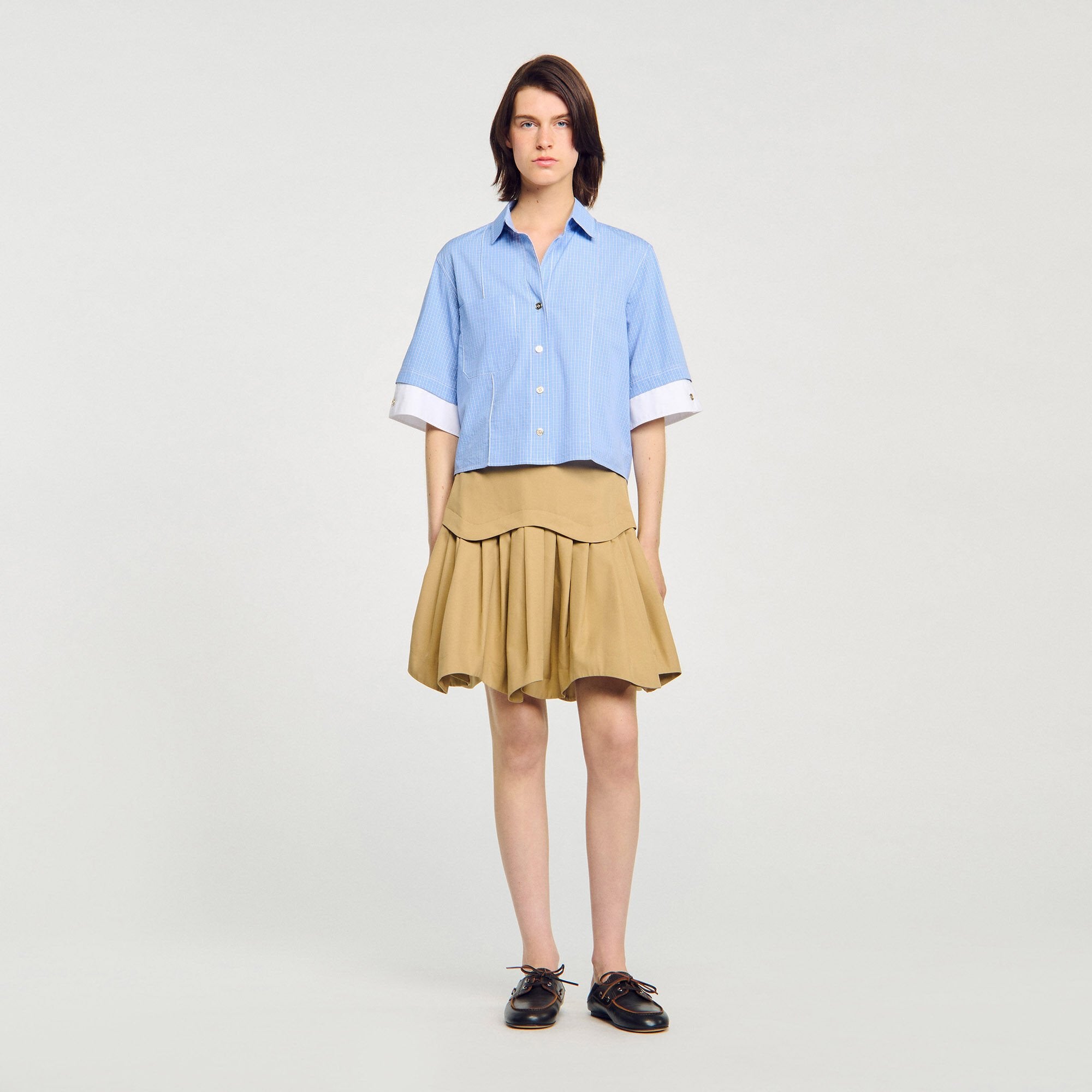 Cropped small-check shirt Ciel / Blanc Sandro Women