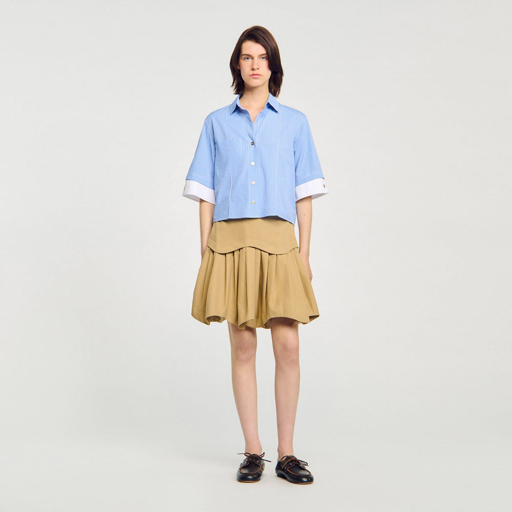 Cropped small-check shirt Ciel / Blanc Sandro Women