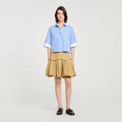 Cropped small-check shirt Ciel / Blanc Sandro Women
