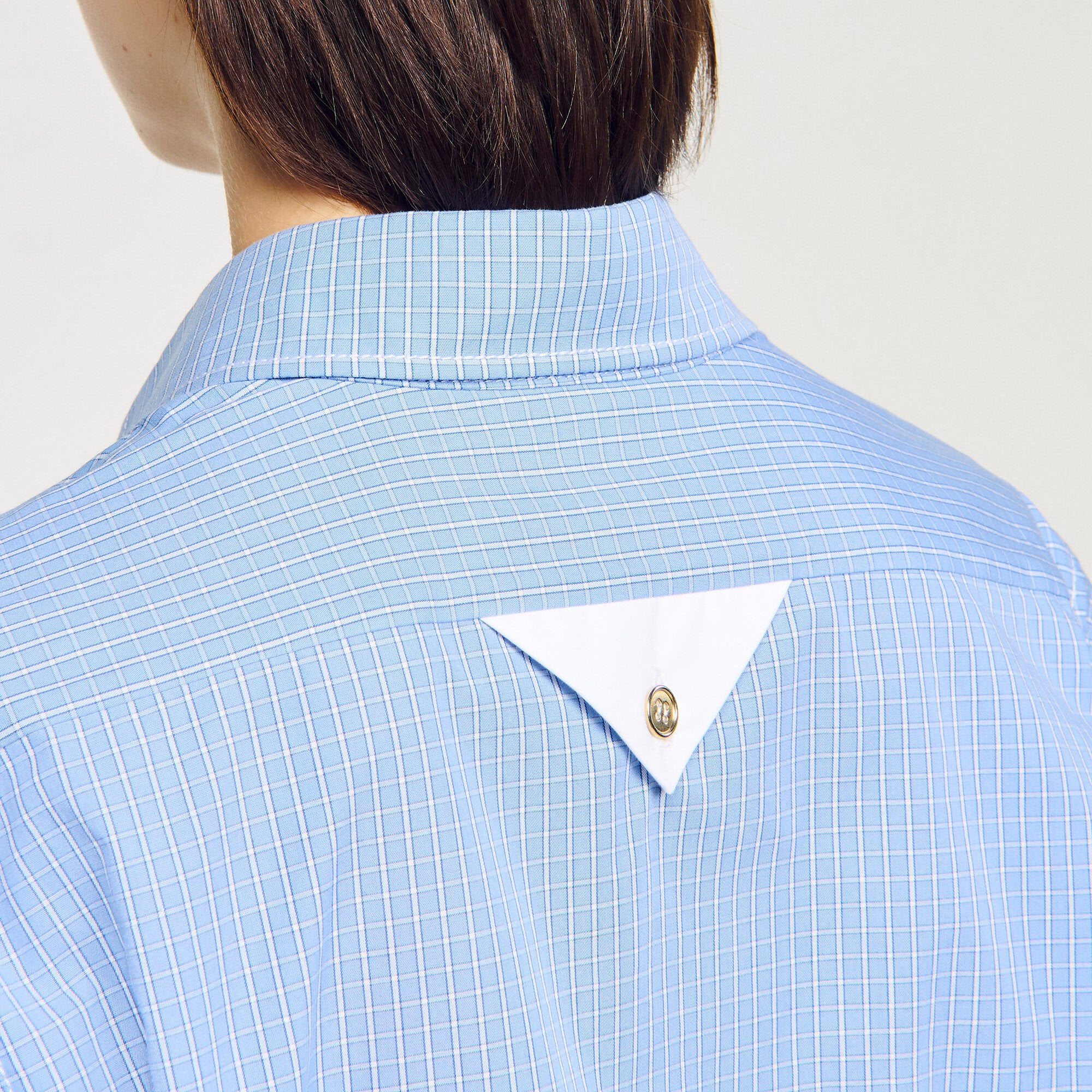 Cropped small-check shirt Ciel / Blanc Sandro Women