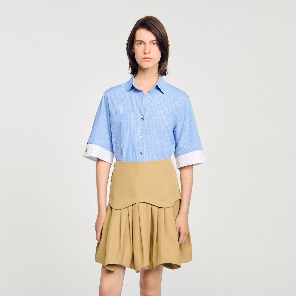 Cropped small-check shirt Ciel / Blanc Sandro Women