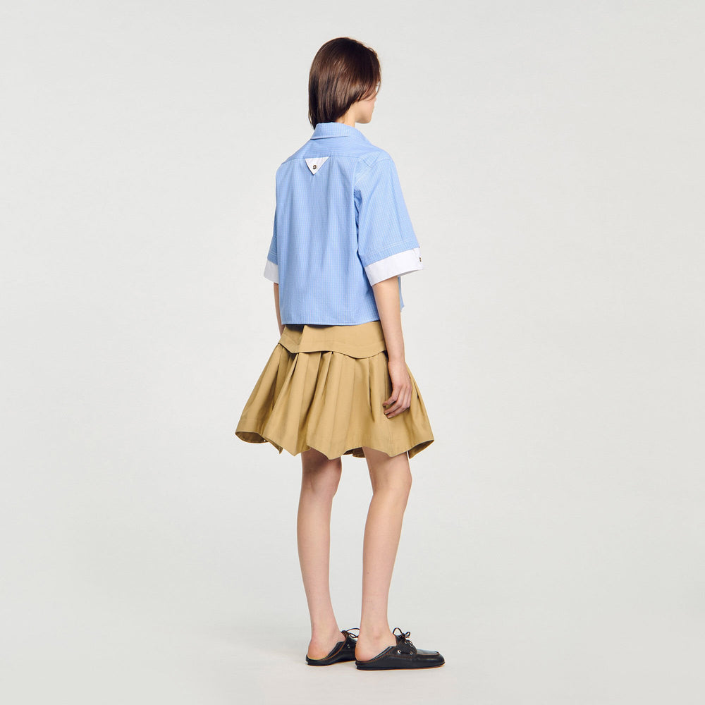 Cropped small-check shirt Ciel / Blanc Sandro Women