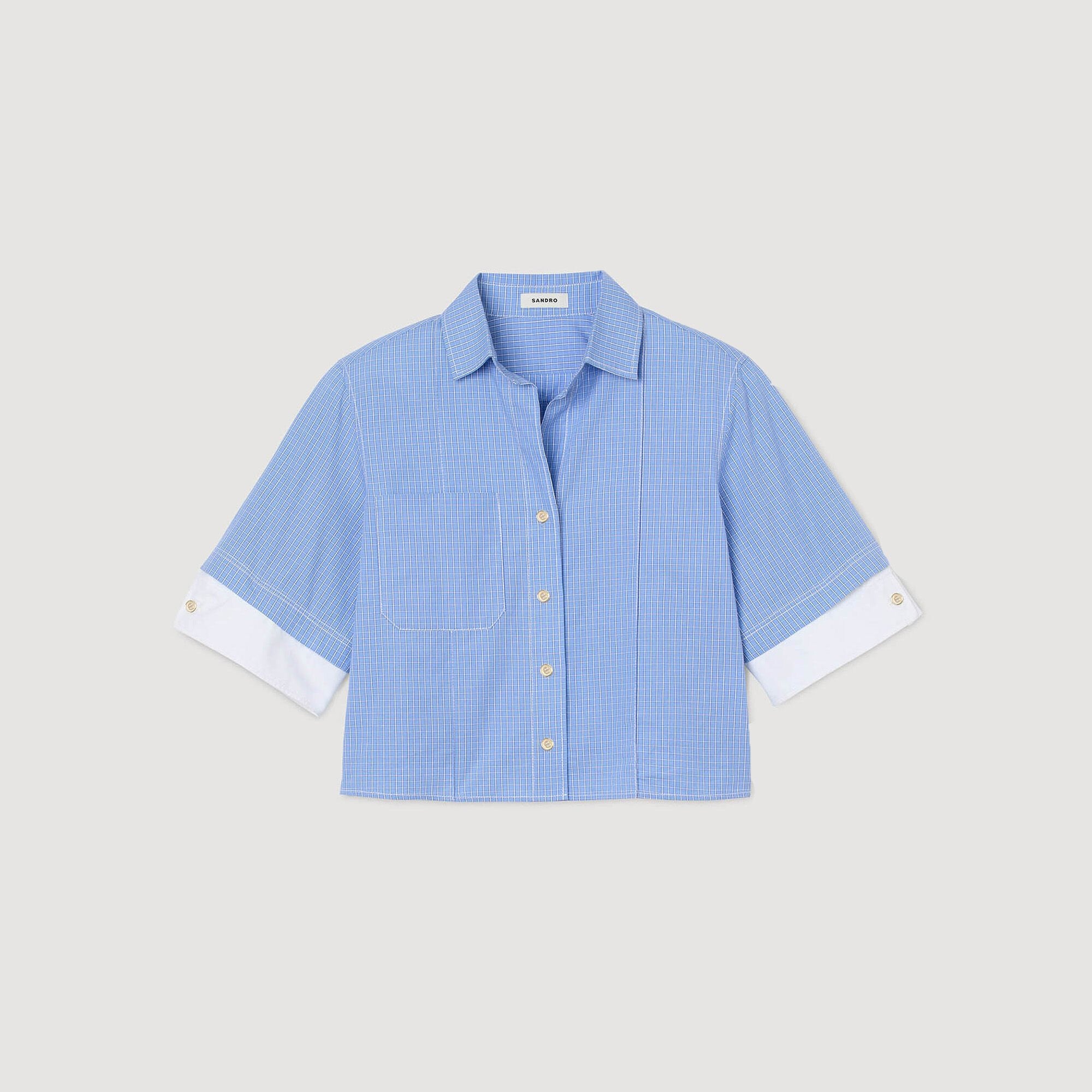 Cropped small-check shirt Ciel / Blanc Sandro Women