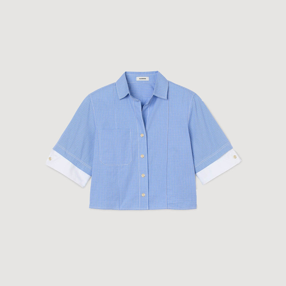 Cropped small-check shirt Ciel / Blanc Sandro Women
