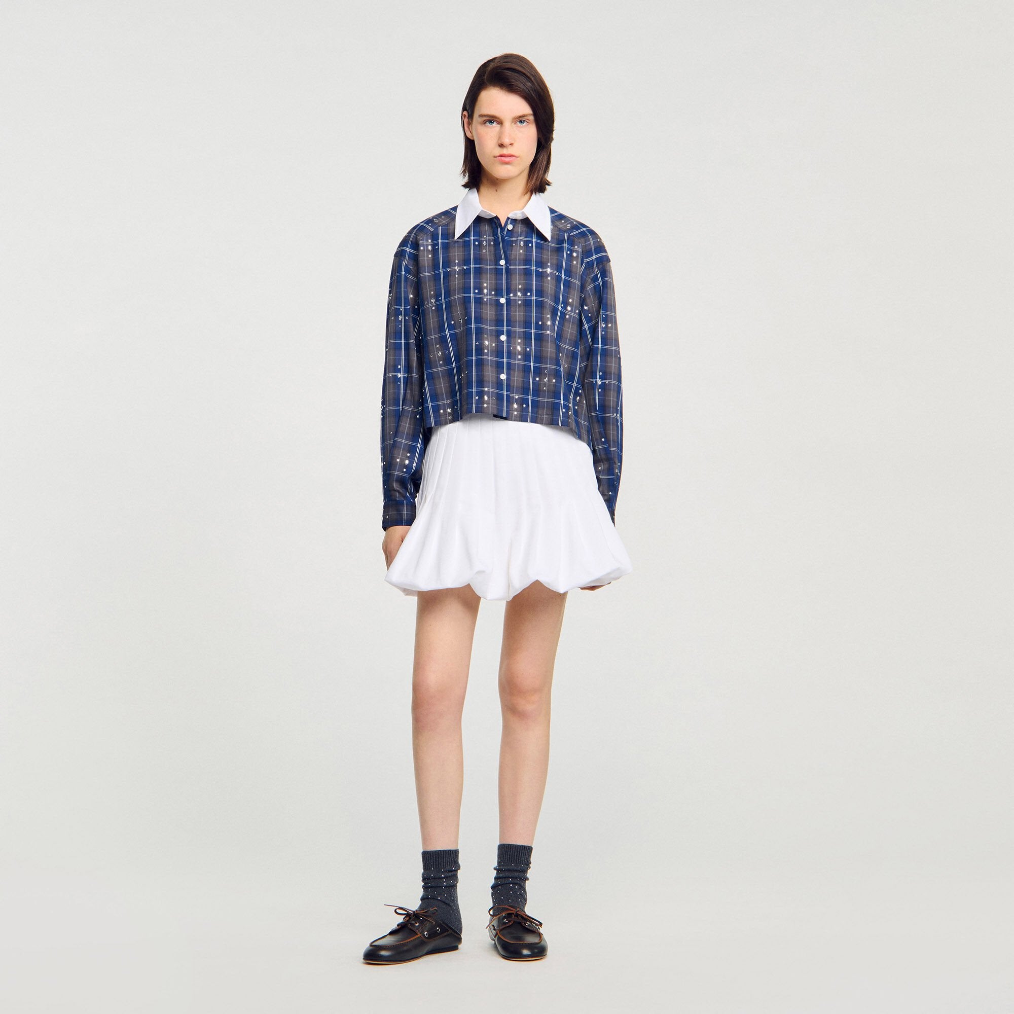 Rhinestone checkered collar shirt Blue Sandro Women