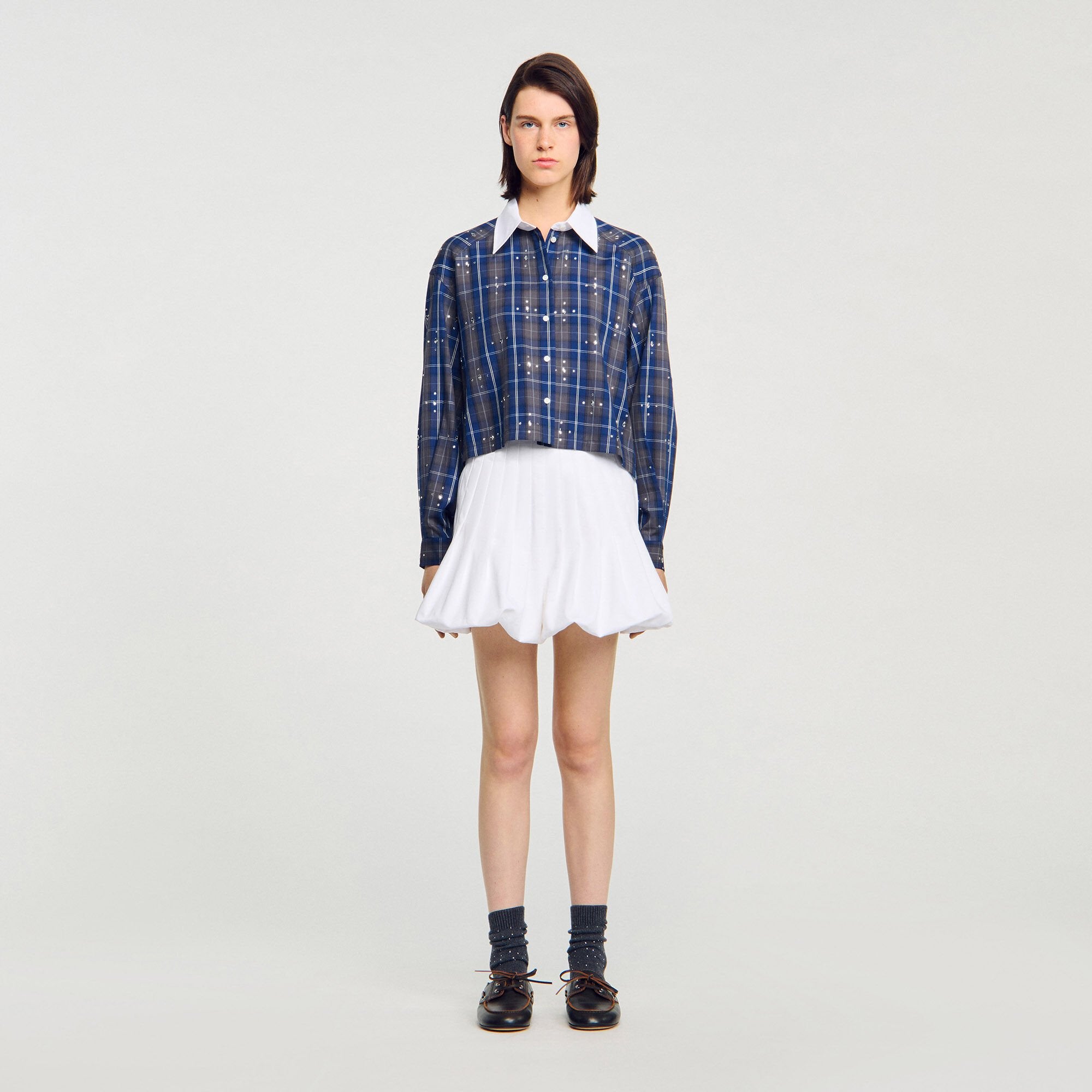 Rhinestone checkered collar shirt Blue Sandro Women