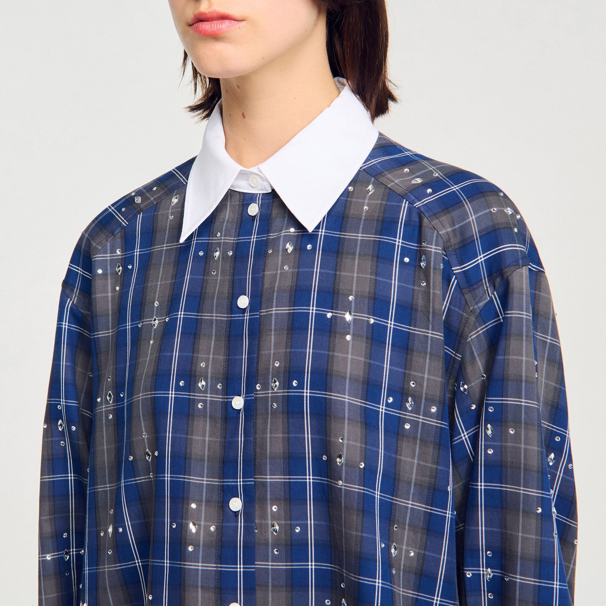 Rhinestone checkered collar shirt Blue Sandro Women