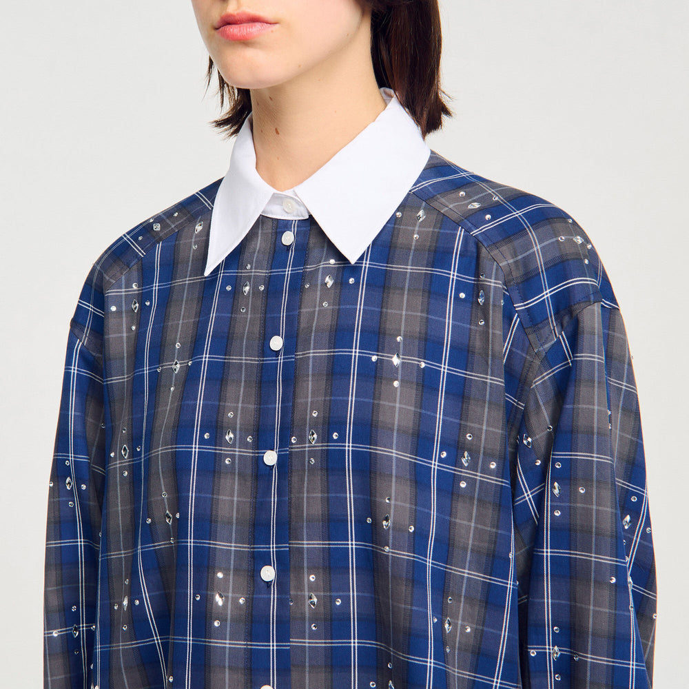 Rhinestone checkered collar shirt Blue Sandro Women