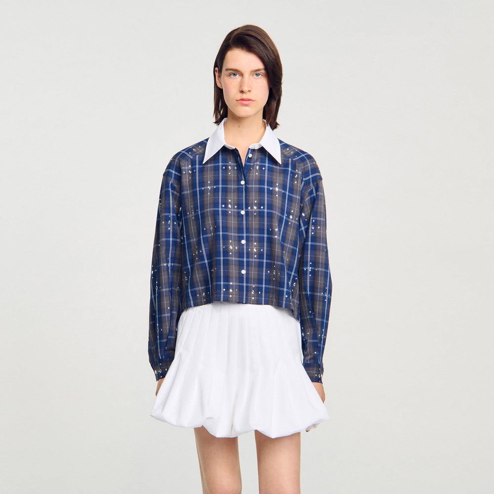 Rhinestone checkered collar shirt Blue Sandro Women