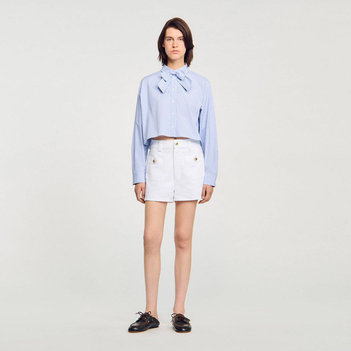 Bow collar shirt Ciel / Blanc Sandro Women