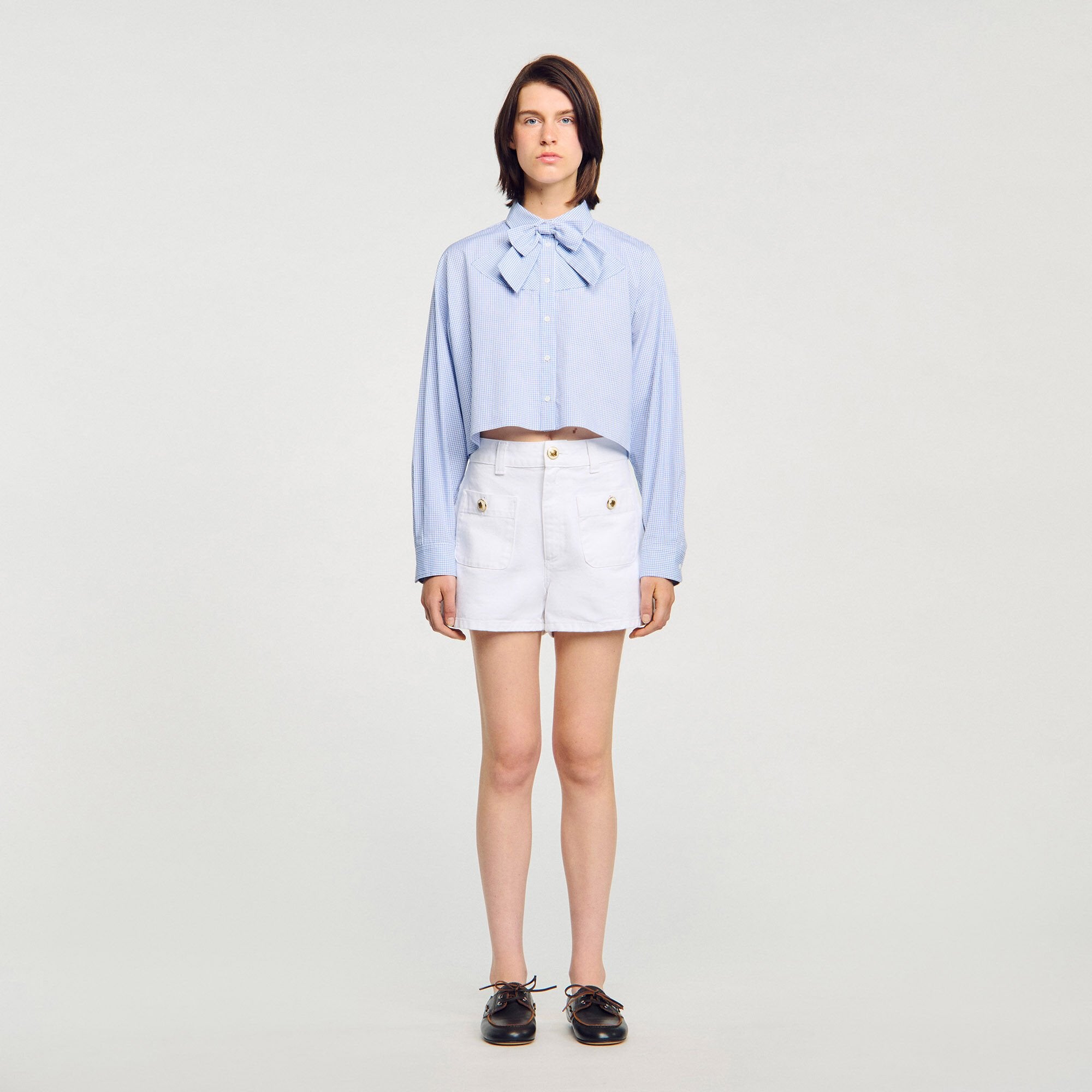 Bow collar shirt Ciel / Blanc Sandro Women