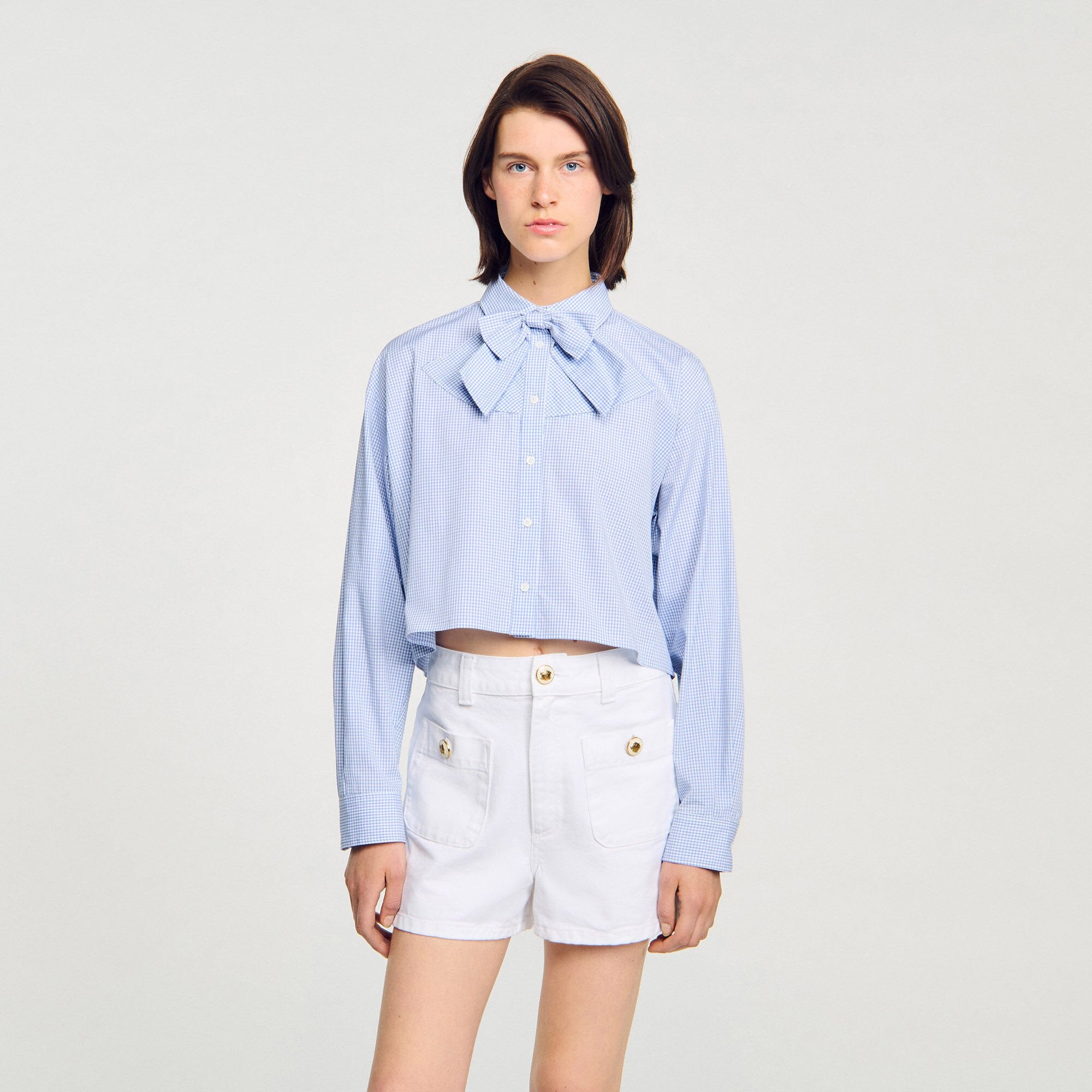 Bow collar shirt Ciel / Blanc Sandro Women