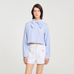 Bow collar shirt Ciel / Blanc Sandro Women