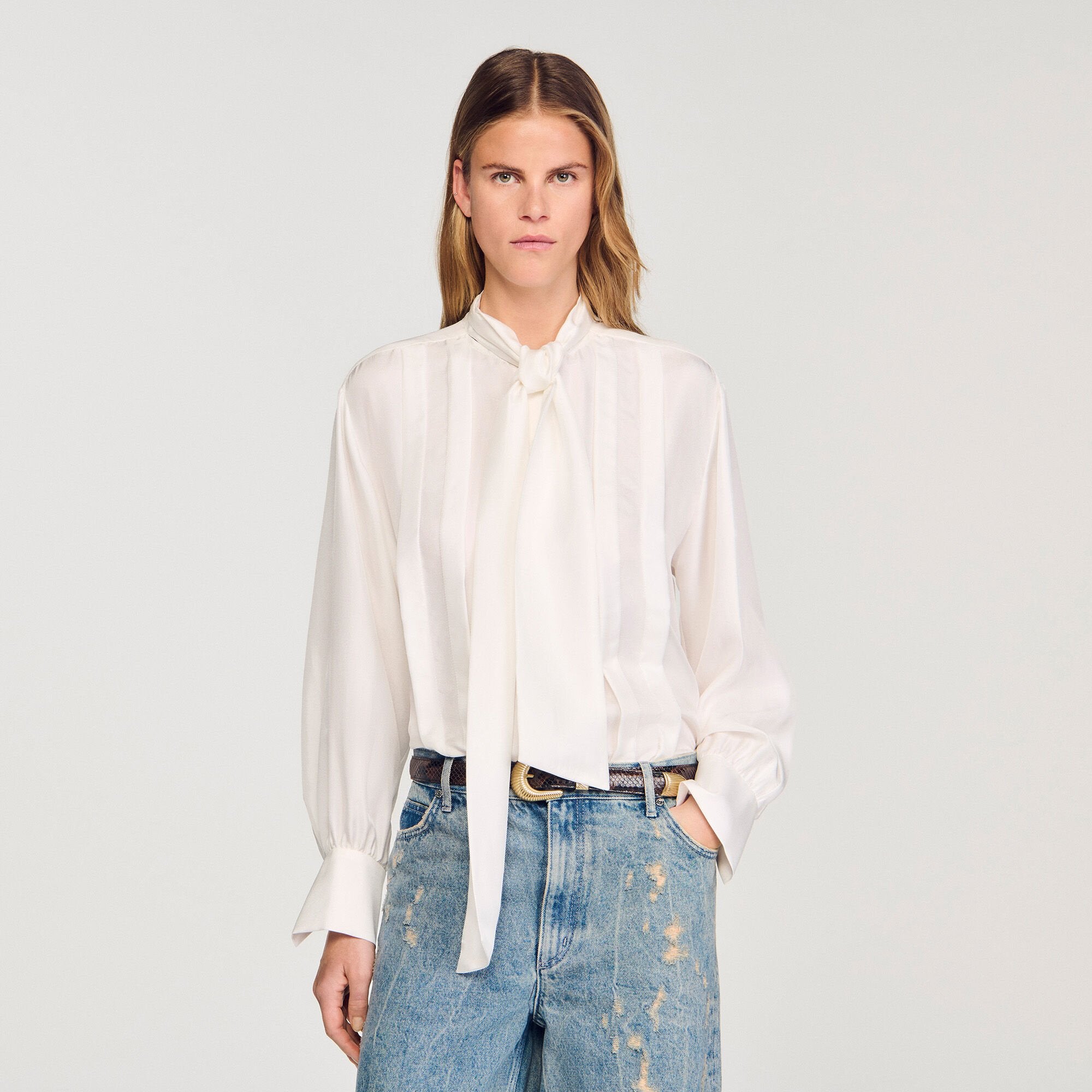 Silk lavallière shirt Ecru Sandro Women