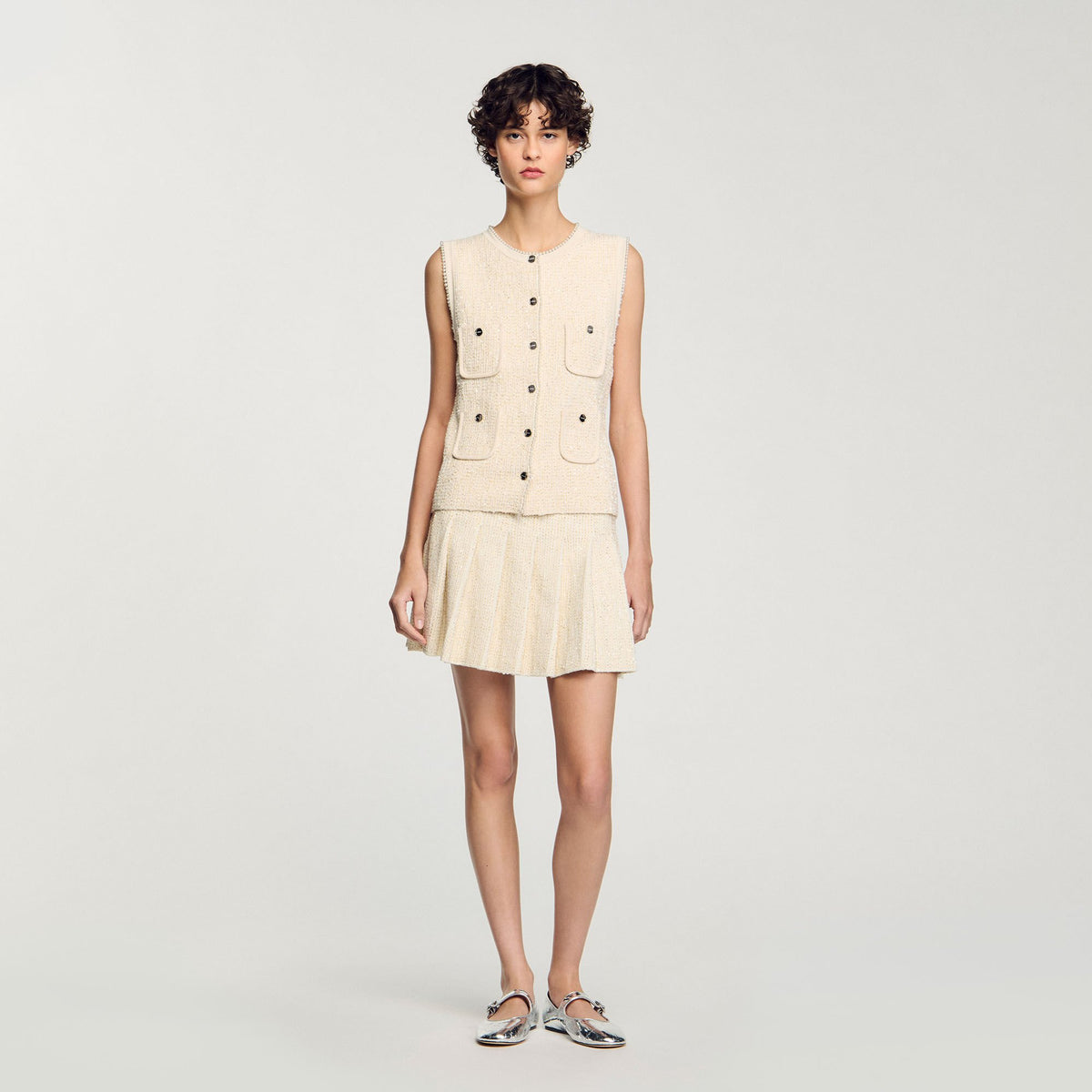 Mini tweed pleated skirt Ecru Sandro Women