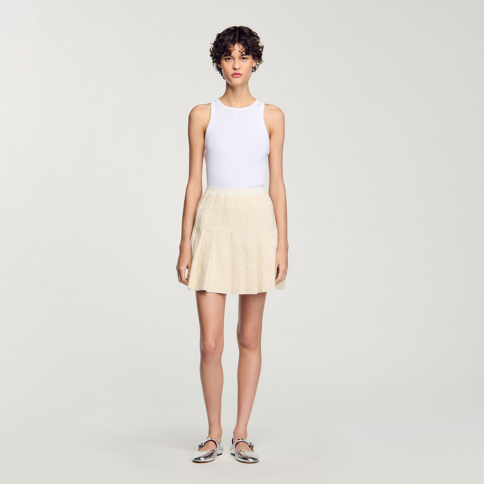 Mini tweed pleated skirt Ecru Sandro Women