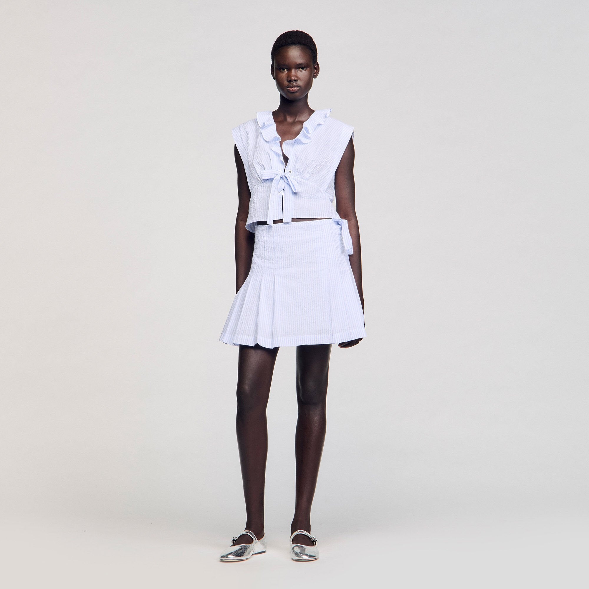 Mini striped skirt Ciel / Blanc Sandro Women