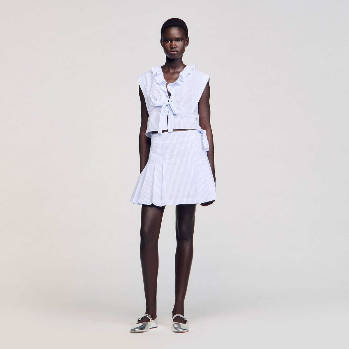Mini striped skirt Ciel / Blanc Sandro Women