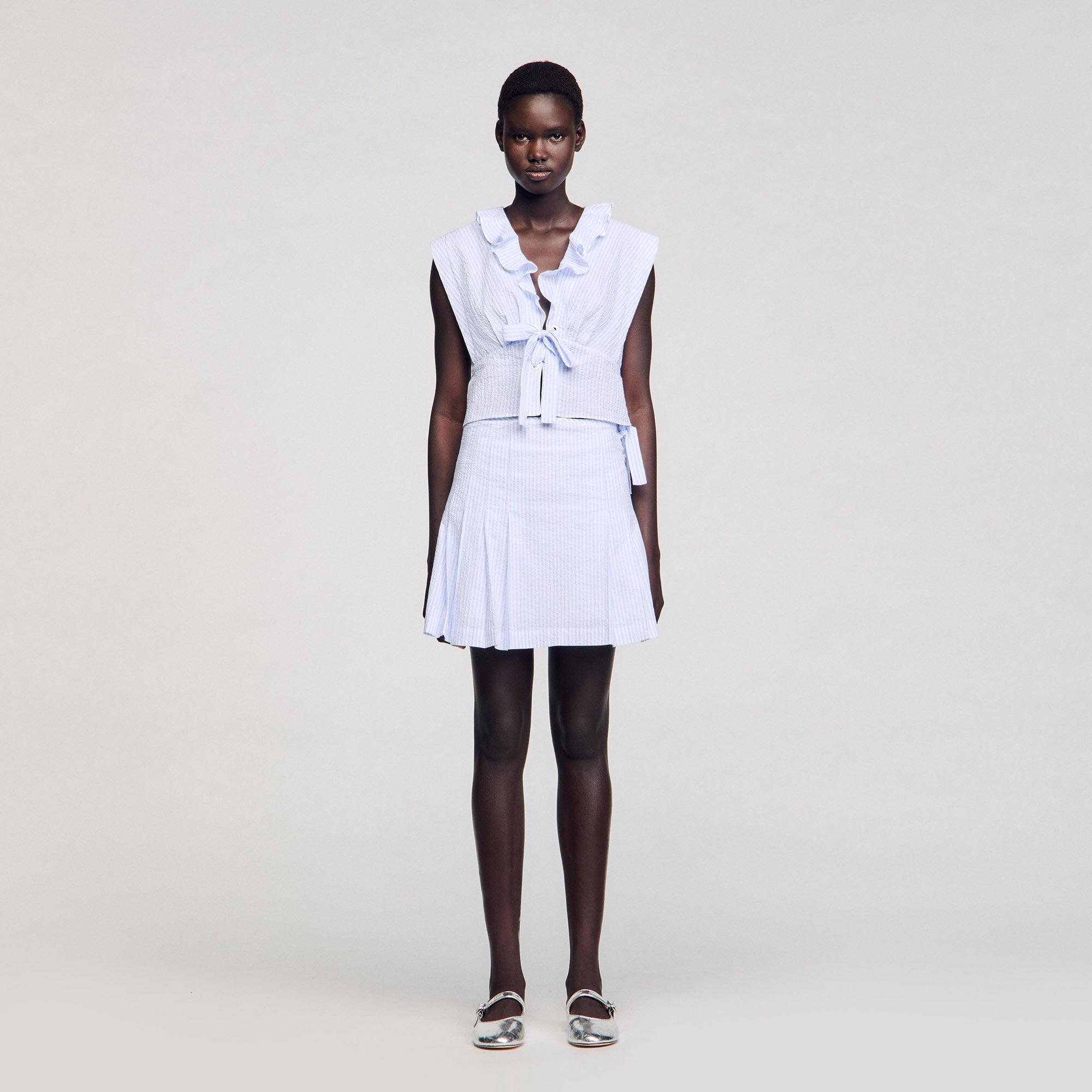Mini striped skirt Ciel / Blanc Sandro Women