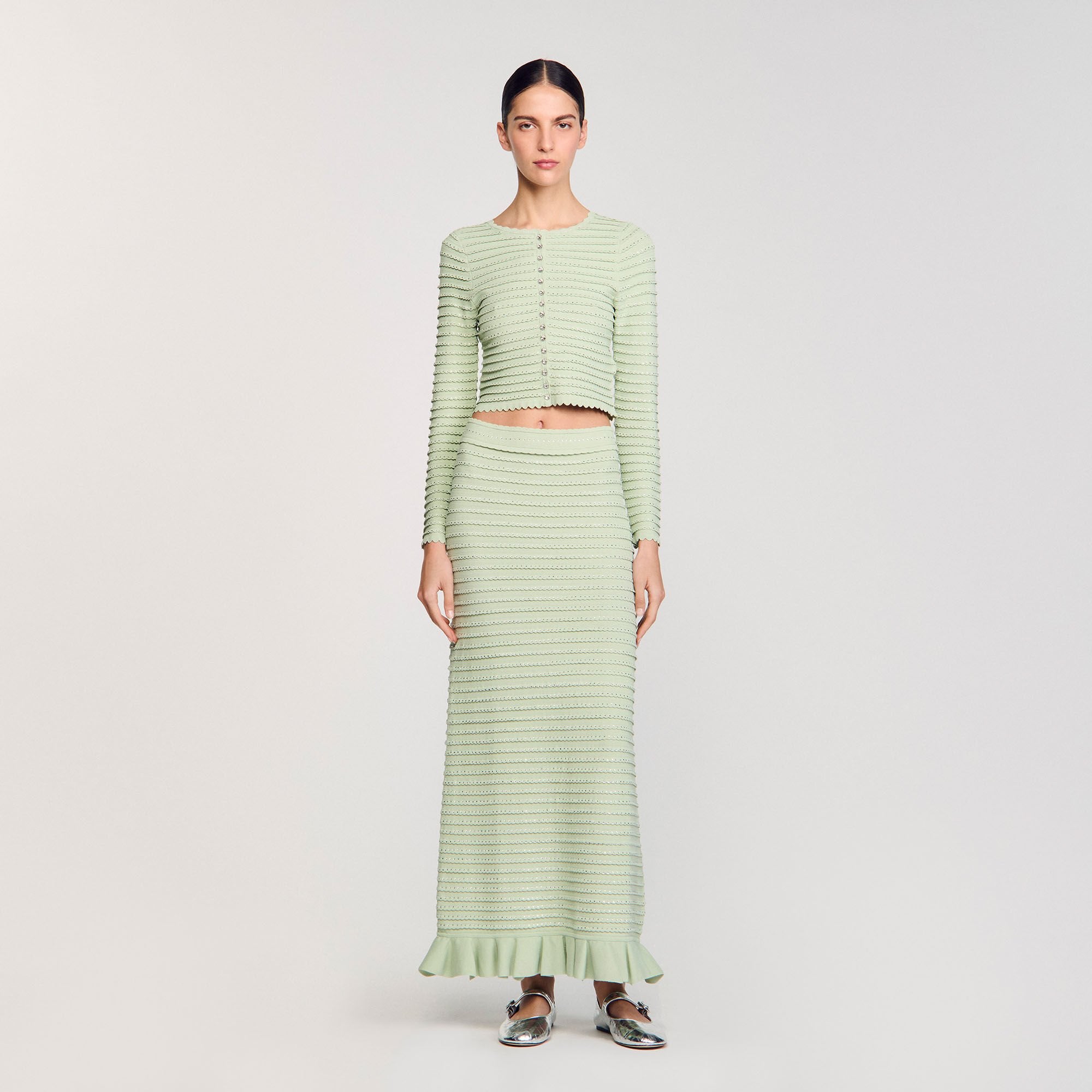 Rhinestone knit maxi skirt Almond Green Sandro Women