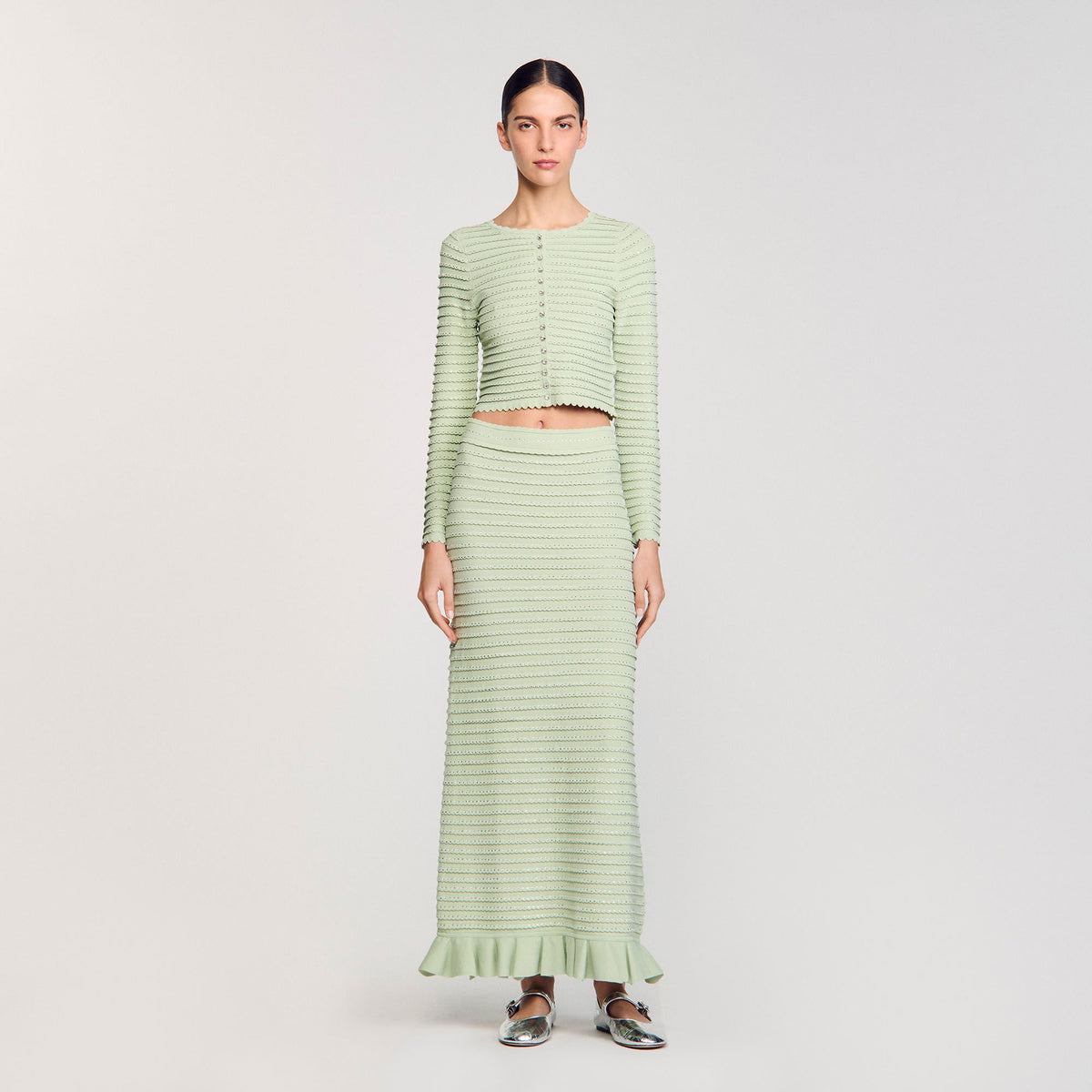 Rhinestone knit maxi skirt Almond Green Sandro Women