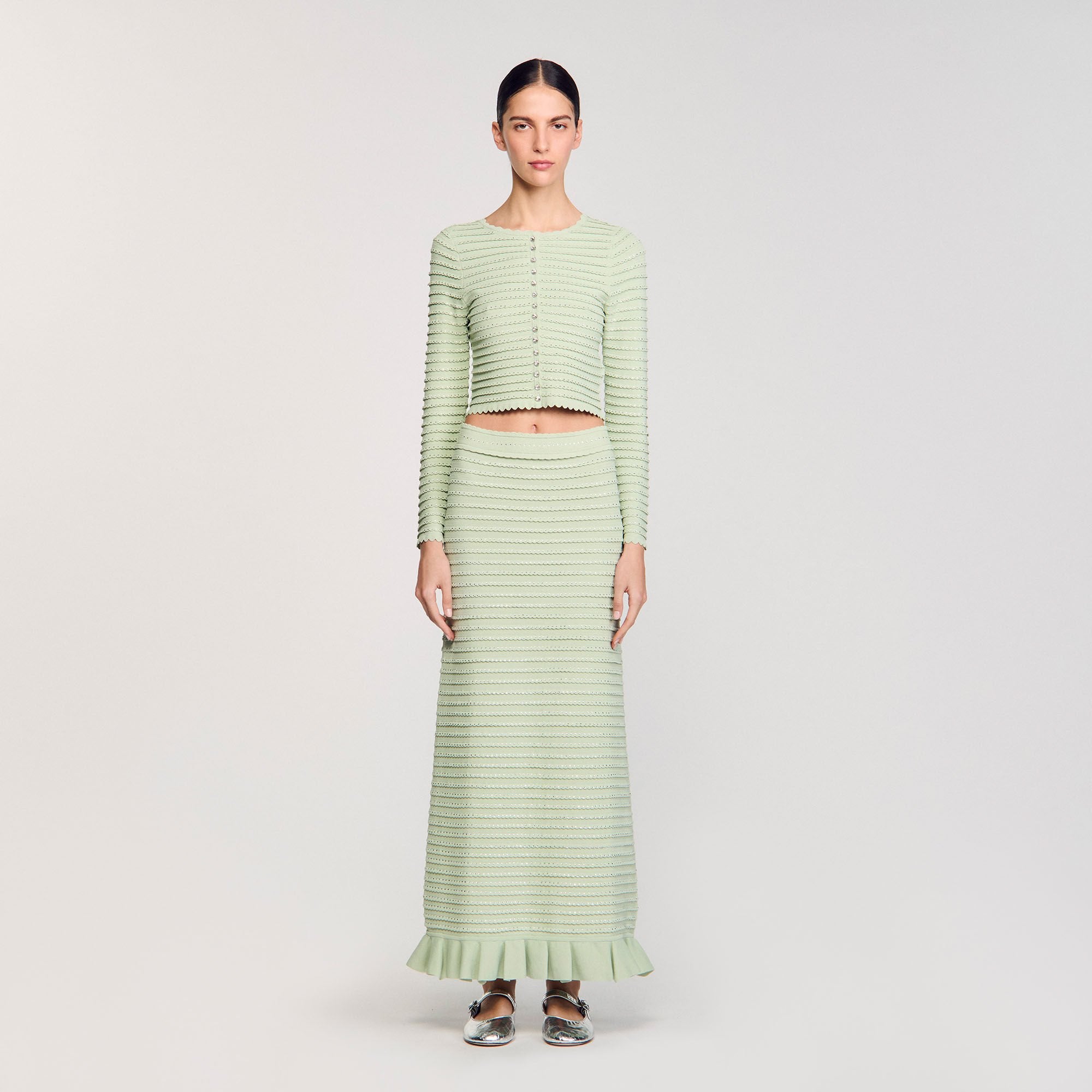 Rhinestone knit maxi skirt Almond Green Sandro Women