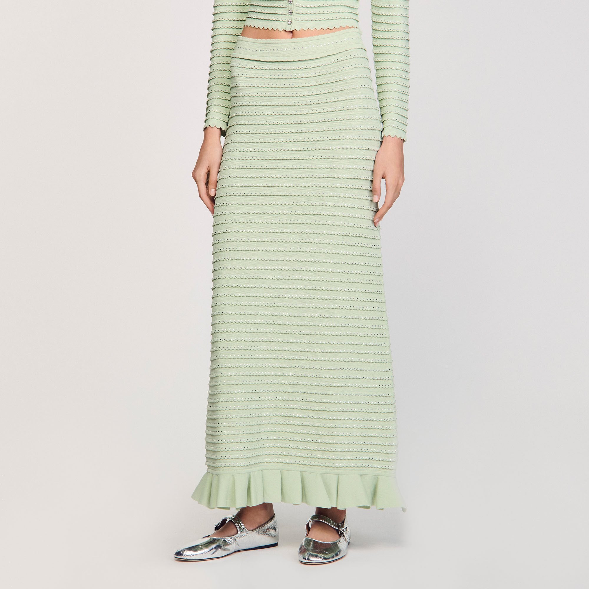 Rhinestone knit maxi skirt Almond Green Sandro Women