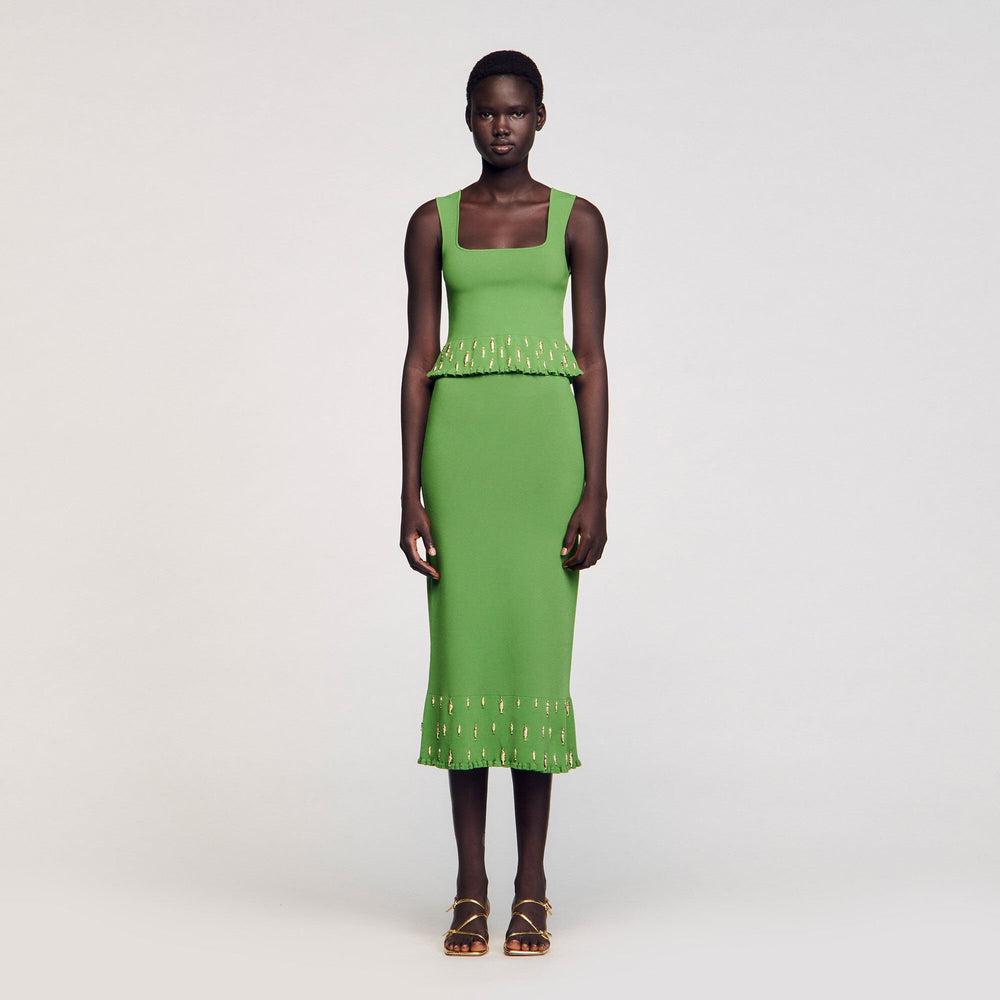 Maxi knit skirt with charms Green Sandro Women