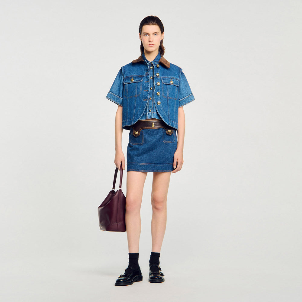 Mini denim and leather skirt Dark Blue Sandro Women