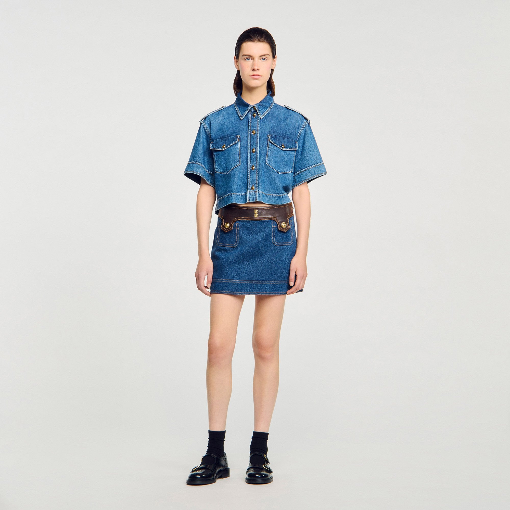 Mini denim and leather skirt Dark Blue Sandro Women