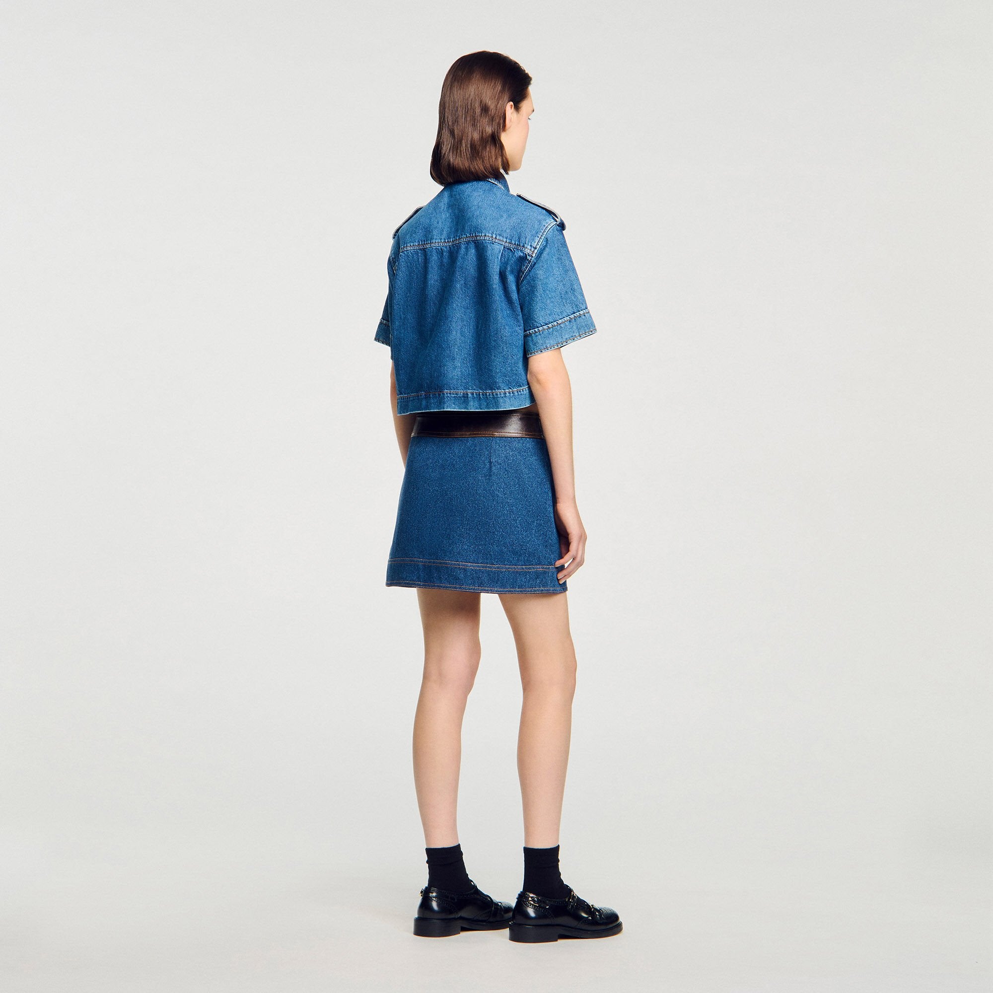 Mini denim and leather skirt Dark Blue Sandro Women