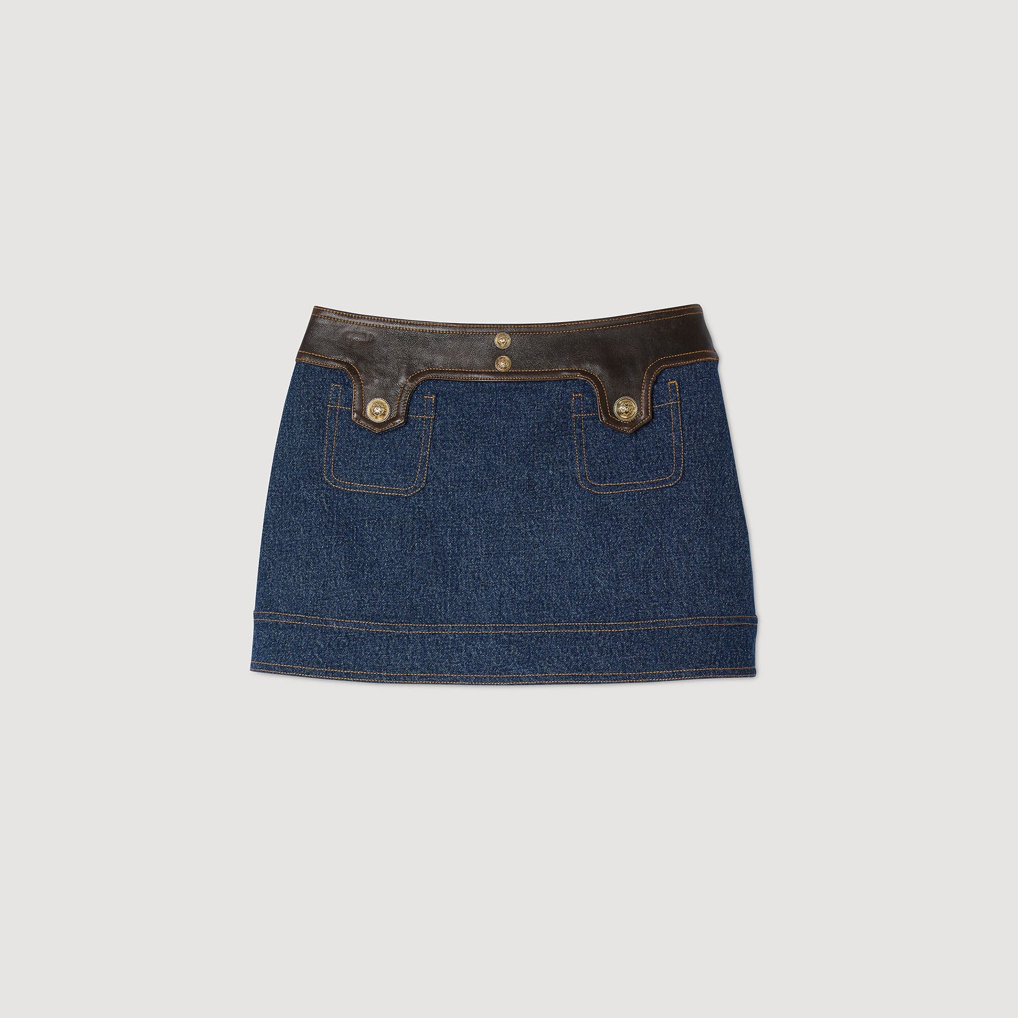 Mini denim and leather skirt Dark Blue Sandro Women