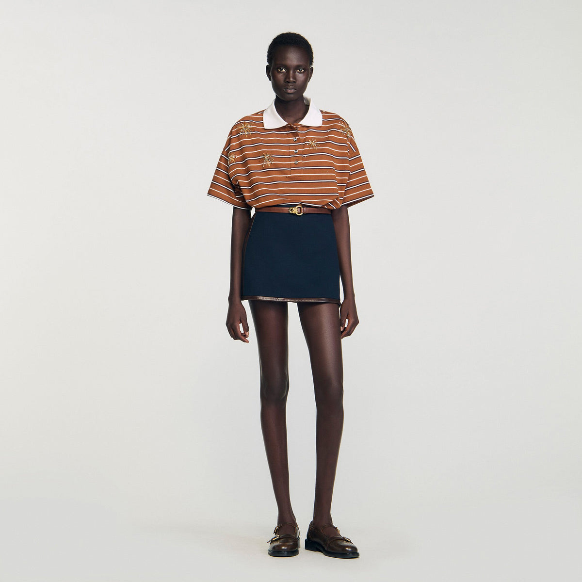 Mini skirt with leather bands Navy Blue Sandro Women