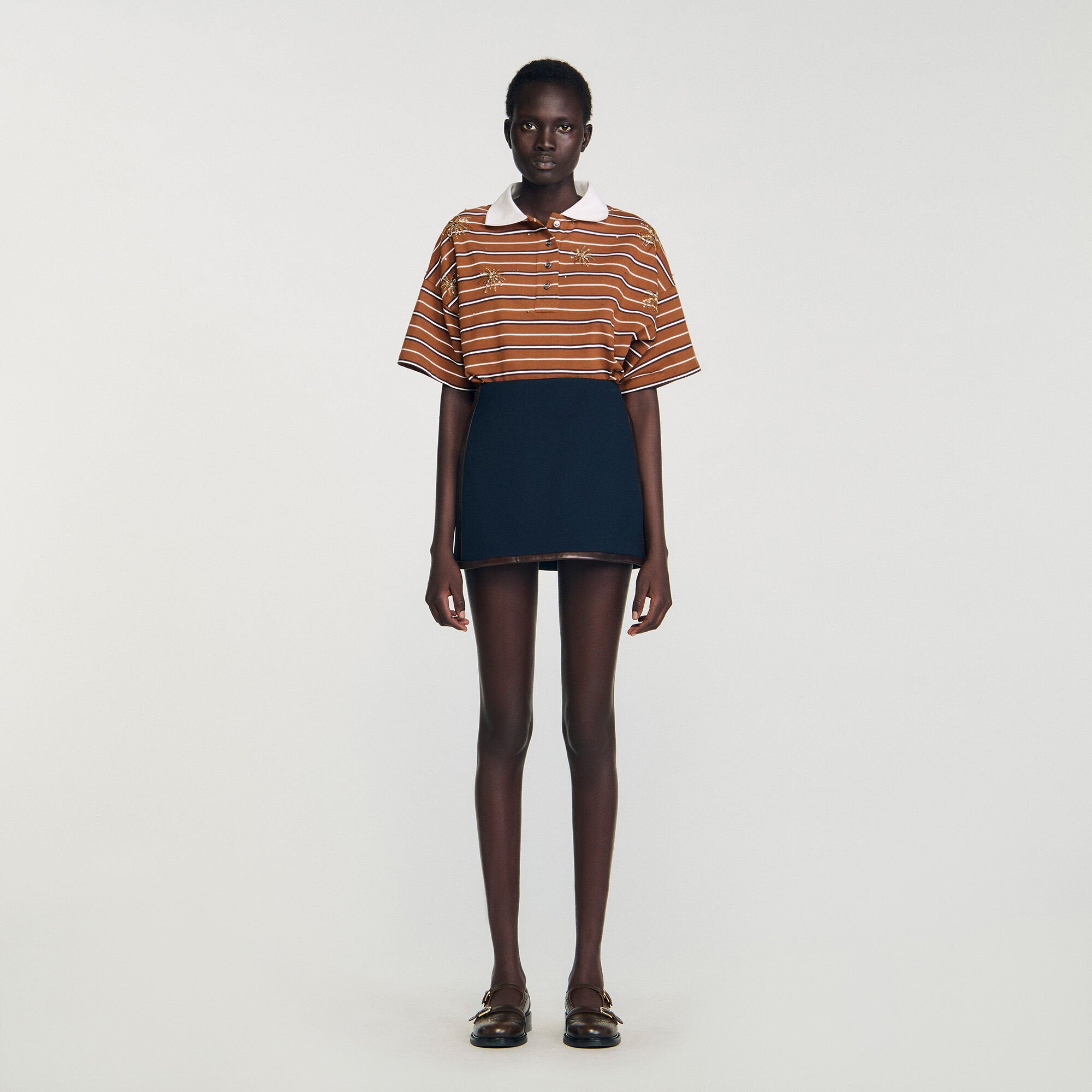 Mini skirt with leather bands Navy Blue Sandro Women