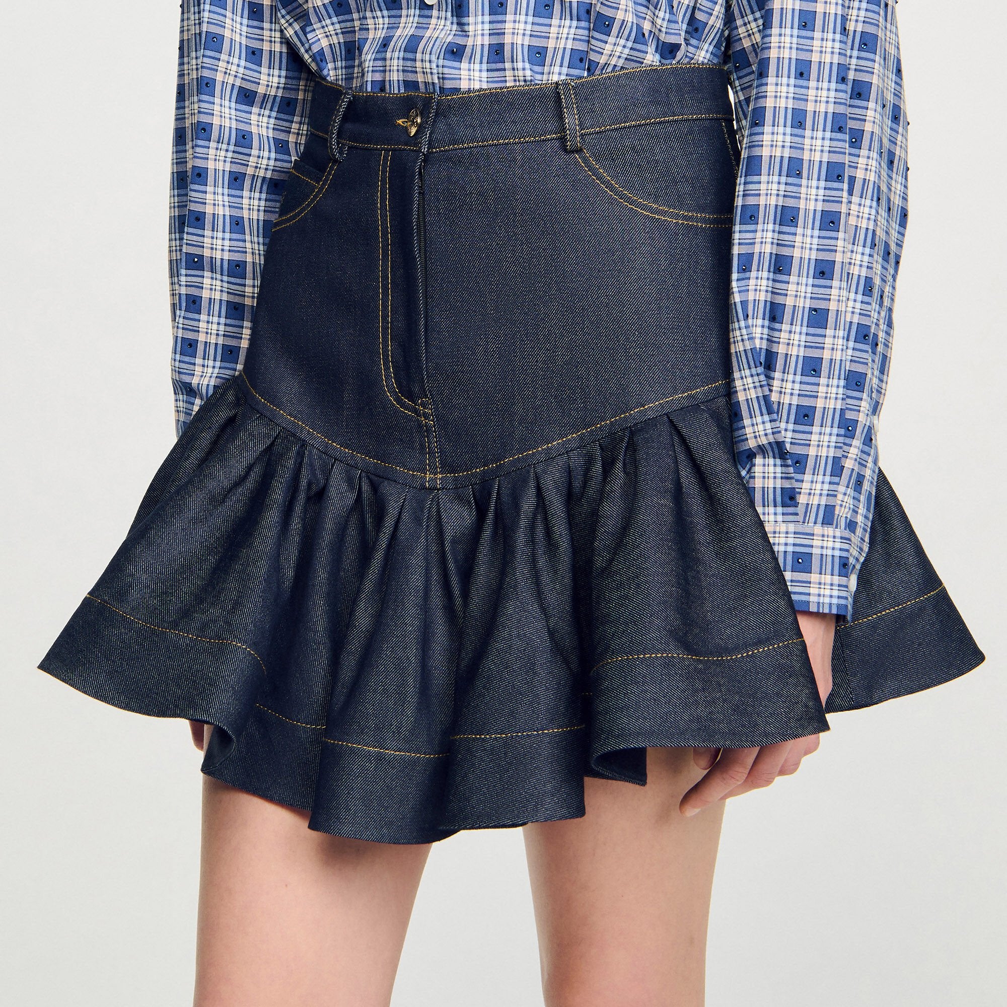 Mini denim ruffled skirt Deep Blue Sandro Women